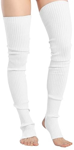 v28 Women Girls Thigh High Neon Ribbed Long 80s 90s Party Skating Leg Warmers (One Size, Hole86 -White)