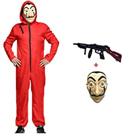 Anxicer Costume de carnaval, combinaison de voleur de banque pour Halloween, cosplay, rouge, à manches longues avec capuche, masque et mitrailleuse (Adult-M-170-175)