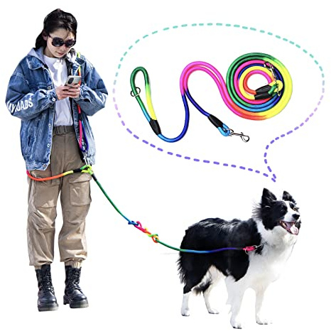 JOPOY Hands Free Dog Leash Waist & Crossbody Rope with Slip Lead Durable for 2 Dogs Nylon Reflective Heavy Duty Hiking Running Leash for Medium Large Dogs(Rainbow, 13Ft)