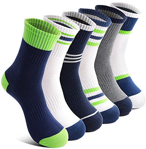 Welwoos Kids Boys Socks Athletic Basketball Youth Sport Crew Cotton Breathable Soft Gift Socks 6 Pairs Stocking Stuffers (Splice/Green/White,9-15Y)