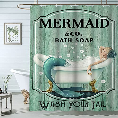 Famiffty Mermaid Shower Curtain Mermaid Bathroom Set 72Wx72L Inch Little Mermaid Shower Curtain Teal Green Wash Your Tail Funny Ocean Bathtub Bubbles Vintage Wood Waterproof Polyester Fabric 12 Hooks