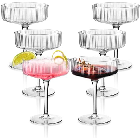 Montex 6 Pcs Ribbed Coupe Glasses, 10 oz Martini Glasses, Classic Vintage Cocktail Galssware, Pefect for Cocktail, Champagne and Gift