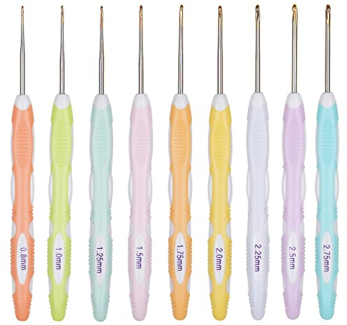 Aeelike Small Size Crochet Hooks, Ergonomic Lace Hooks Set, 9 Pack 0.8-2.75 mm Sets Soft Grip for Arthritis, Long Handle Fine Needles Doilies or Lacework (LIKEY00066)