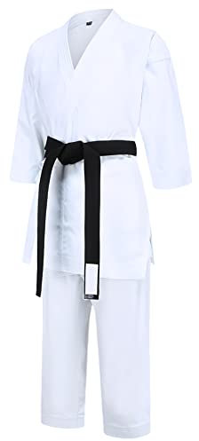 L SERVER Judoanzug Kinder mit Gürtel Jungen Bequemer Professioneller Karateanzug Mädchen V-Ausschnitt Taekwondo Anzug, Schwarzer Gürtel, 110