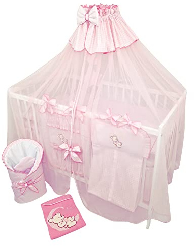 Bello24 - Juego Completo de 14 Piezas de Ropa de Cama para Bebé sin Cama Bordado con Oso de Peluche en la Luna Rosa (90x120 cm)