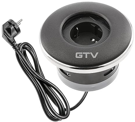GTV - Möbeluttag SHUTTER, inbyggt uttag, 1 x Schuko-uttag, med praktisk förslutning, kabellängd 1,5 m, färg svart, för skrivbord, bordsskiva, kök och kontor