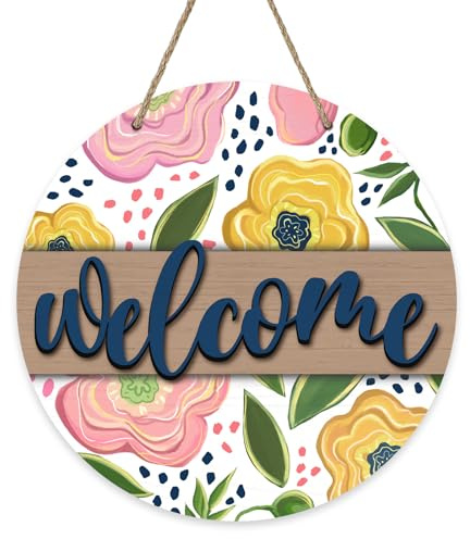 Bolisom Welcome Spring Summer Flower Front Door Sign, Pink Yellow Floral Wood Door Hanger Outdoor Outside Porch Decor, Farmhouse Wooden Wreath Indoor Wall Hanging Decoration