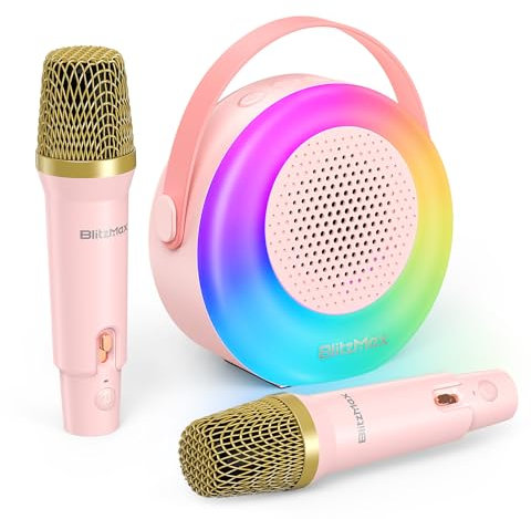 BlitzMax Karaoke Maschine für Kinder Tragbares Bluetooth Mini Karaoke Lautsprecher mit 2 Mikrofonen, Lichtern und Sound für Mädchen Jungen Erwachsene Heimparty Geburtstags Geschenke (Rosa)