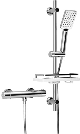 Görbach Columna Ducha Termostática, Grifo Mezclador con juego de barras de ducha de acero inoxidable, Alcachofa, barra ducha 70 cm con Estante, cromo