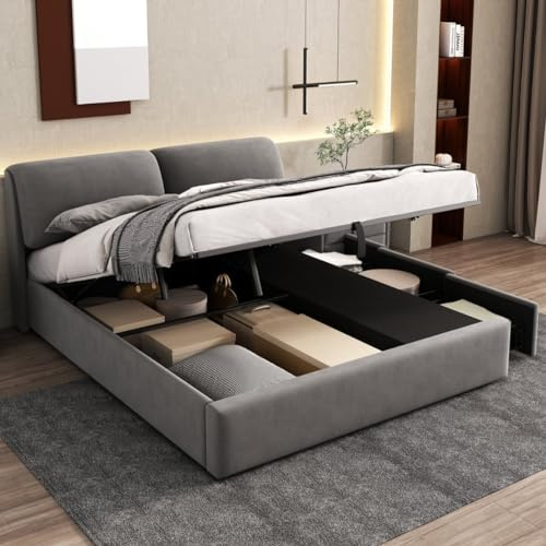 Sweiko Lit Rembourré 180 * 200 cm, Hydraulique, Rangement en Velours Avec Trois Tiroirs, Double Avec Tête de Lit et Sommier à Lattes, Pour Adultes (Sans Matelas) Grey