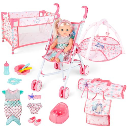 deAO Baby Doll Stroller Playset,5-in-1 with 12-inch Doll Included,Foldable Stroller,Crib Bed & Play Mat - Fits 12 14 Inch Dolls,Pink Travel Toy Set for Toddlers Girls Boys