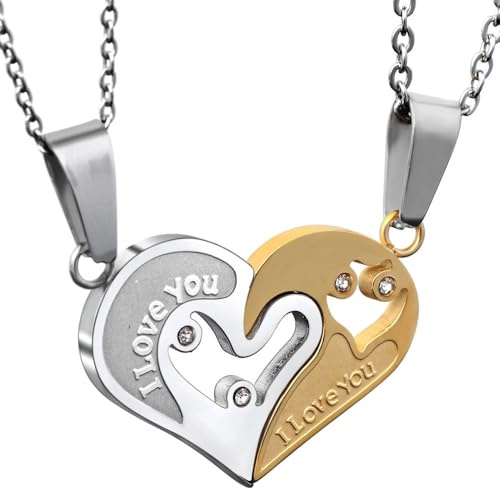 KBRPEY 2 Piezas Collar Colgante Corazón Divisible Acero Inoxidable Bicolor Cadena Bolas Pareja Romántico Joyería