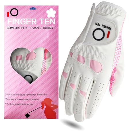 FINGER TEN All Weather Grip Ladies Golf Gloves 1 Pack for Left and Right Hand Golfers, Soft Golf Glove LH RH, Sizes S M L XL (Pink, Medium (Worn On Right Hand))