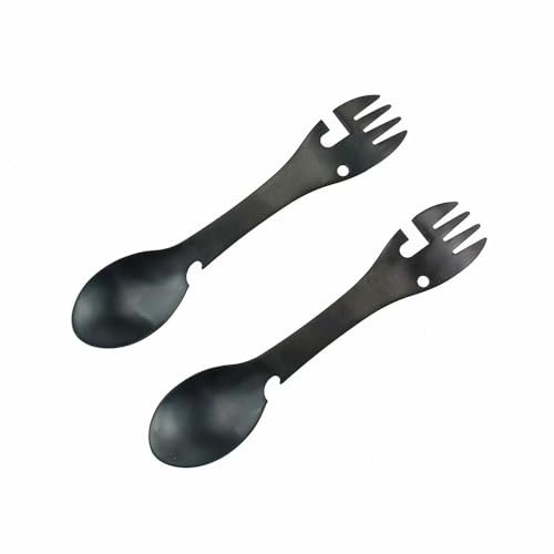 Travel Cutlery - Premium Titanium Spork Reusable- Portable Camping Cutlery Set,Bottle Can Opener Outdoor Spoon Fork Eating Multi-Tool Utensil (2PCS Black)