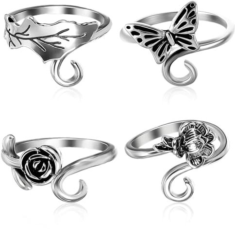 Häkelring 4 Stück Häkelschlaufenringe Verstellbar Geflochten Stricken Zubehör Häkelzubehör Schnelleres Stricken Fingerhüte zum Häkeln Stricken Garnhalter DIY Strickhandwerk Garnführung Silber