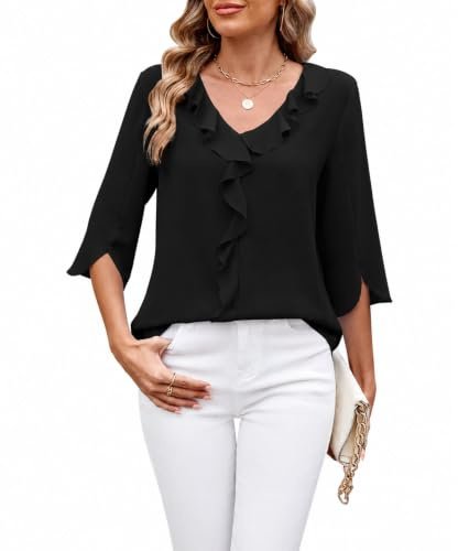 ROFUSSO Damblus Toppar Elegant Långärmad Toppar Business Blus 3/4 Ärmar Volang V-ringning Avslappnad Sommarblus, Svart, L