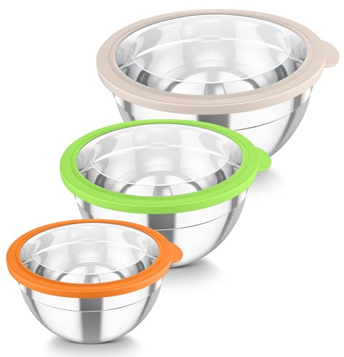 TEAMFAR blandningsskålsset, 3 stycken rostfria skålar med transparent lufttätt lock, stapelbar skålset, 4,5 l/3 l/1,5 l, salladsskål för servering/matlagning/bakning, diskmaskinssäker – färgglad