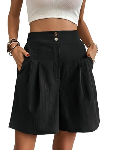 Belriviere Bermuda estivi da donna, pantaloni larghi a gamba larga, casual, a vita alta, alla moda, con tasche, Nero , L