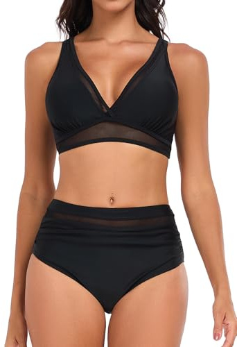 Joweechy Women's Bikini Sets Mesh High Waisted Tummy Control Two Piece Swimsuit Swimming Costumes Black,L