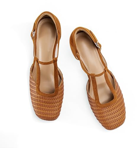 Brown Closed Toe Chunky Heels Square Toe Block Heel Pump Shoes Ankle Strap Dressy Vintage Mary Jane Dress Shoes Size 8