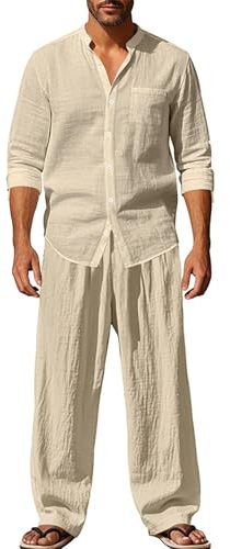 Sommaroutfit herr 2 delar linne fritidsoverall tvådelad långärmad skjorta och linnebyxor andas bekväm linnedräkt lös passform vardagskläder enfärgad träningsoverall ståkrage linneskjorta
