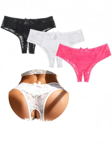 comeondear Tanga Abierto Mujer de Encaje 3 Piezas Negro+Blanco+Rosa,S