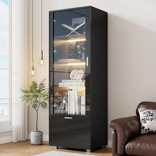 Merax Vitrina con LED, moderna vitrina de cristal con 3 estantes, cajón, vitrina brillante para coleccionables, estantería con puertas de cristal, para salón, dormitorio, 50 x 40 x 160 cm, color negro