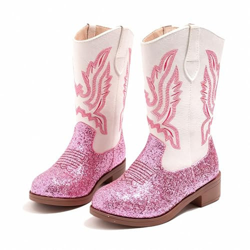 FQLGJMY Cowgirl-stövlar för flickor, mitten av vaden rund tå, tjock klack, etnisk broderi, glitter, prinsessor, ridskor, vår, höst, vinter, för småbarn, barn, unisex, fest, cosplay, kostymboll