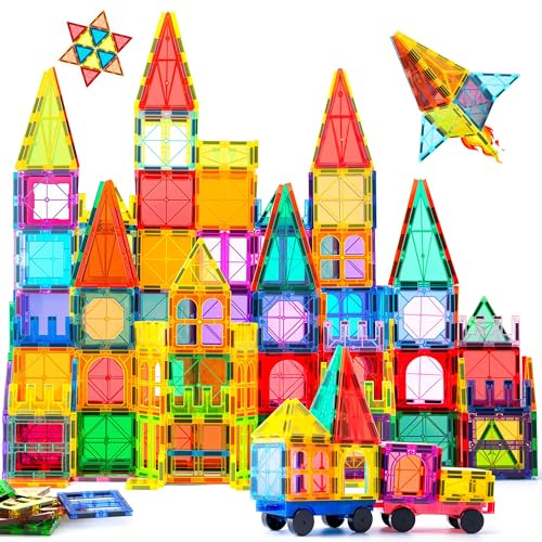 ZMAXKIC Magnetic Tiles, 122PCS Magnetic Building Blocks with 2 Cars, Large Magnet Building Set,STEM Sensory Educational Toys Gift for Toddlers Kids Boys Girls.