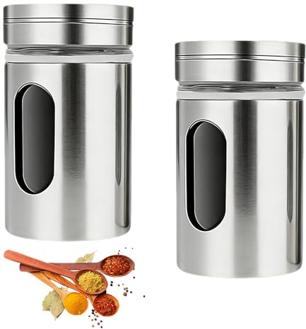 2Pcs Salt and Pepper Shakers Set, Adjustable Pour Holes Salt Shaker, Stainless Steel Spice Dispenser for Kitchen Dining Camping