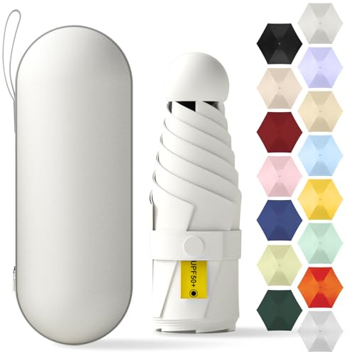 Yanrunce Mini Paraguas Plegable, paraguas de bolsillo, Mini Paraguas de Viaje, Paraguas para, Protección UV, Protección Solar, paraguas plegable antiviento de 6 Costillas con organizador (Blanco)