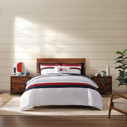 Tommy Hilfiger - Queen Duvet Cover Set, 100% Reversible Cotton Bedding with a Naturally Soft Feel, Classic Americana, 3 Piece Bed Set with Matching Pillowcases (Classic Stripe Blue)