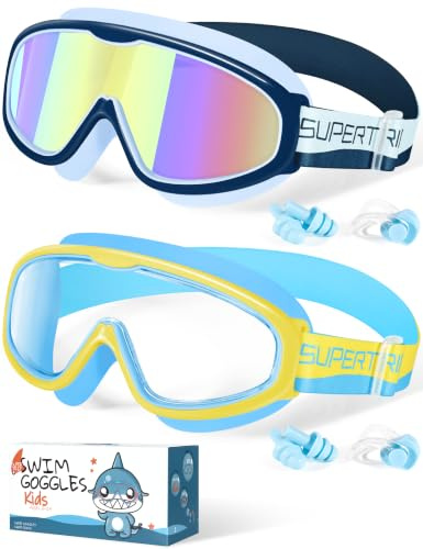 Supertrip Gafas de natación para niños 2 pack con cinta de tela, antivaho, protección UV, a prueba de fugas gafas de natación para niños de 4 a 14 años