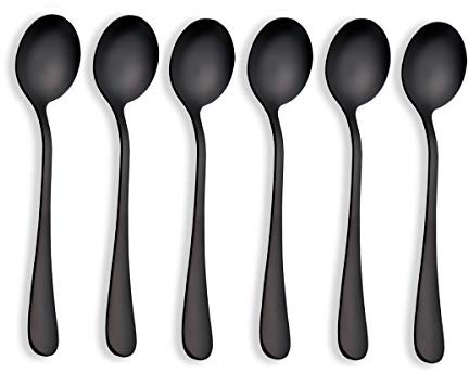 Berglander Cuillères à soupe en acier inoxydable plaqué titane noir, cuillère à soupe couleur noire, cuillères rondes en acier inoxydable, paquet de 6