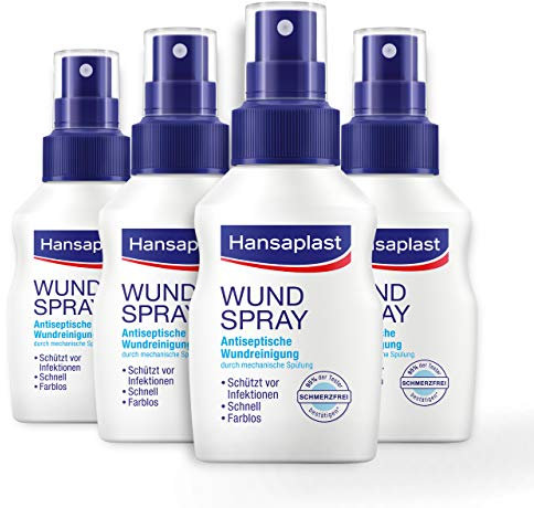 Hansaplast Wundspray 4er Set (50 ml), zur antiseptischen Wundreinigung durch mechanische Spülung, Spray schützt vor Wundinfektionen, farblos und besonders hautfreundlich