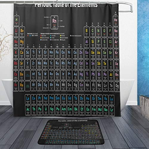 BKEOY Duschvorhang Bad Bodenmatten Set von 2 bunten Periodensystem Polyester Stoff Badvorhang Anti-Rutsch Fußmatte Teppich Waschbar Indoor Bad Home Dekoration