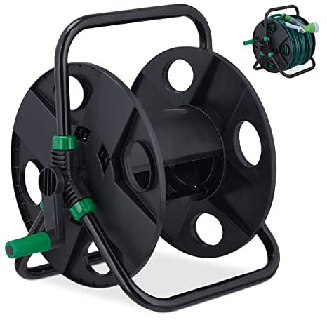 Relaxdays Schlauchtrommel, für 30 m 1/2 Schlauch, Stahl, Kunststoff, Schlauchhalter, HBT: 38 x 42 x 31 cm, schwarz/grün