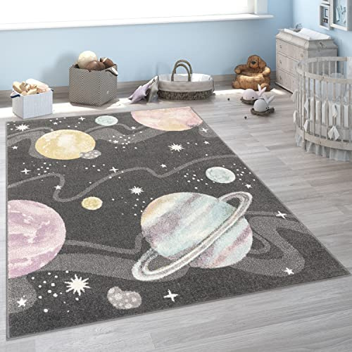 Paco Home Alfombra Infantil Alfombra Habitacion Niño Moderna con Espacio Planetas Estrellas Suave Antracita Colorido, tamaño:Ø 120 cm Redon