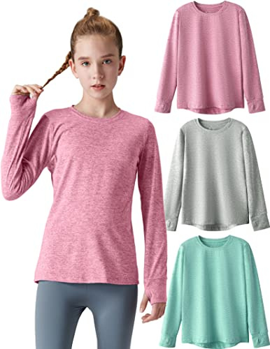 3er-Pack Langarm-Shirts für Jugendliche, Mädchen, aktive Passform, athletische Performance-Kleidung, Kinder, Teenager, T-Shirts mit Daumenlöchern, Heather Pink/Grau/Grün, XS