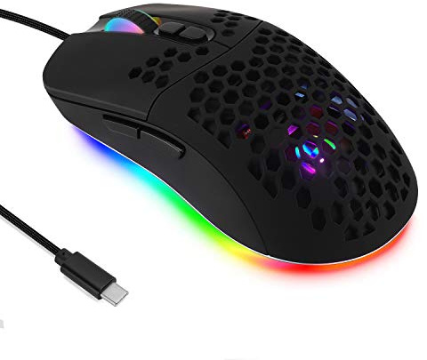 Zienstar Trådbunden USB-C spelmus, lätt vaxkakeskal, 7200DPI, 5 RGB bakgrundsbelysning för Apple MacBook, Typ-C-port dator eller bärbara datorer, M02 SVART