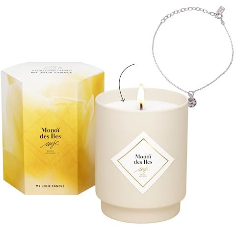 MY JOLIE CANDLE - Bougie Bijou Parfumée Monoï des Îles - Bracelet Surprise Argenté - Cadeau Femme Maman pour la Fête des Mères, Anniversaire, Noël - Cire Naturelle Végétale