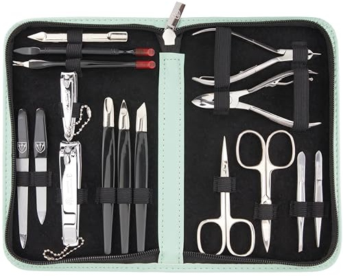 3 Swords Germany - brand quality 16 piece manicure pedicure grooming kit set in mint fashion leather case in gift box - Made by 3 Swords