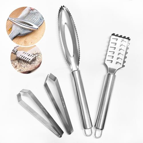 Set di 4 Raschietto Pesce & Pinzette di Pesce, 2 x Inox Raschiapesce + 2 x Inox Pinzette (inclinate / piatta), Raschietto per Pesce Squamatore Pesce, Utilizzato per rimuovere squame e ossa di pesce.