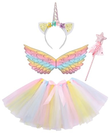 Clundoo Costume da Unicorno Bambina, Gonna Tulle Bambina Ragazze Tutu Danza, 4 Pezzi Set Principessa Tulle Gonna Set Principessa Tulle Gonna, per Feste di Compleanno, Carnevale (Bianco)