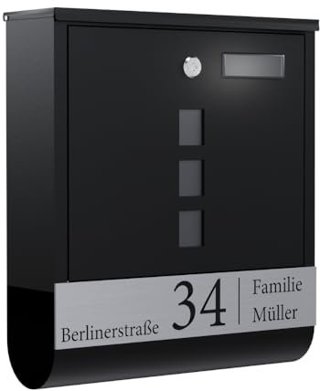 Bl4ckPrint Cassetta delle lettere di alta qualità, antracite, scomparto per giornali, finestra personalizzabile, nome della famiglia e numero civico, cassetta da parete