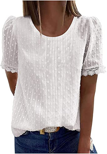 Tee Shirt Femme Dentelle Col Rond Blouse Amples Manches Courtes Tops Elégante Sexy Mode Chemisiers Sexy Chic T-Shirt Couleur Uni Loisirs D'été Tunique en Jacquard en Dentelle