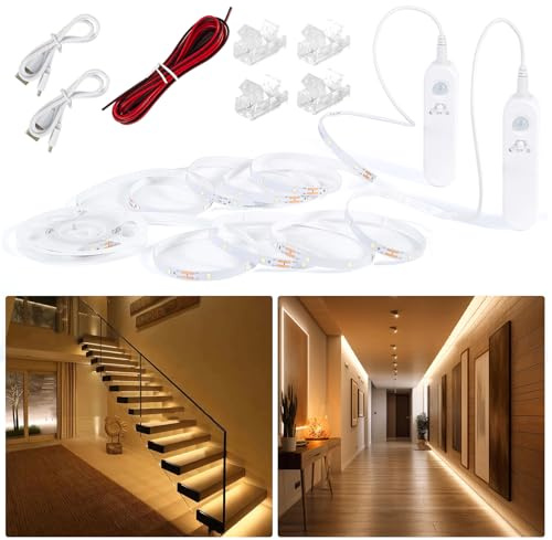 Hoobabuy Tira LED con Sensor Movimiento y Sensor Luz, Batería Recargable, Iluminación LED debajo gabinete para Armario, Escaleras, Habitación Bebé, Cocina, 5M, Blanco Cálido 2700K