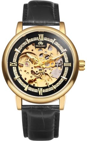 JewelryWe Herrenuhr Automatik Mechanische Uhr: 30m wasserdicht Analog Automatische Armbanduhr Automatikuhr Herren Schwarz Echtes Lederarmband Skelett Uhr mit Gold Rundem Gehäuse