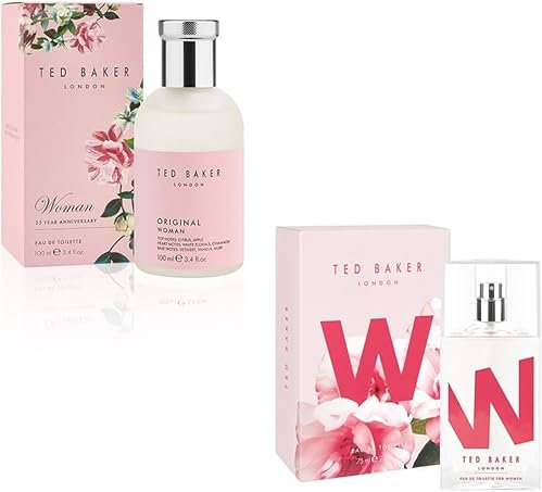 Ted Baker W and Woman Pink EDT Bundle, includes W EDT, pink orchid, fig leaf and white peony top notes 75ml with Woman Pink EDT, floral green feminine fragrance 100ml