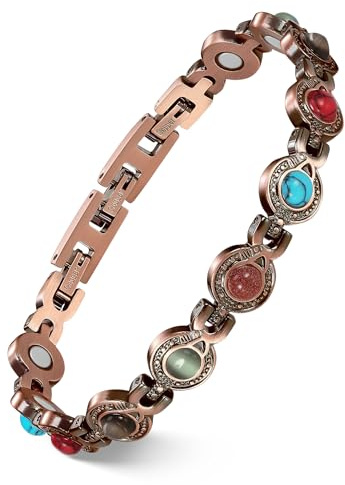 Feraco Pure Copper Bracelets for Women, Ultra Strength Magnetic Bracelet with 3800 Gauss Magnets & Natural Turquoise & Stones, Adjustable, Jewelry Gift (Circular)